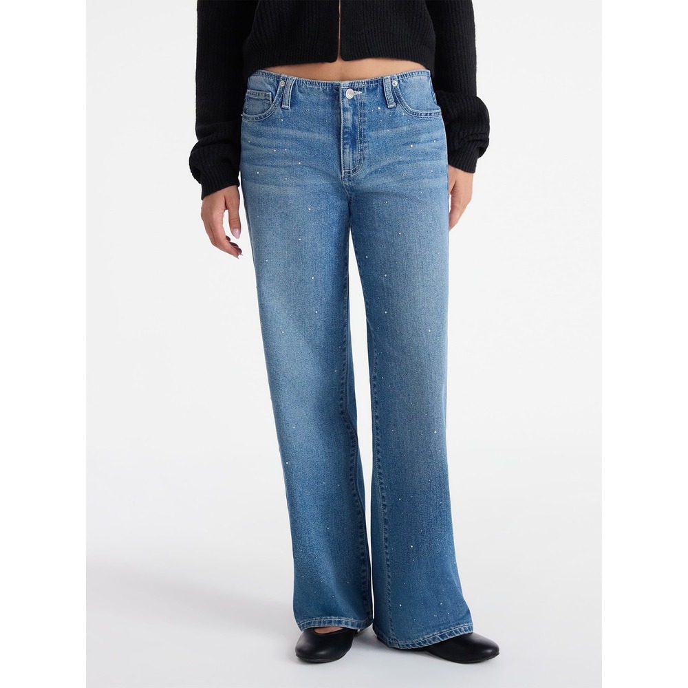 No Boundaries Womens XXL 20 Medium Wash Rhinestone No Waist Wide Leg Jeans NEW